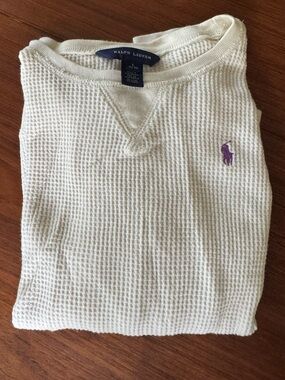 Ralph Lauren Kid’s Cream Waffle-Knit Shirt with Purple Pony Logo L (12-14)